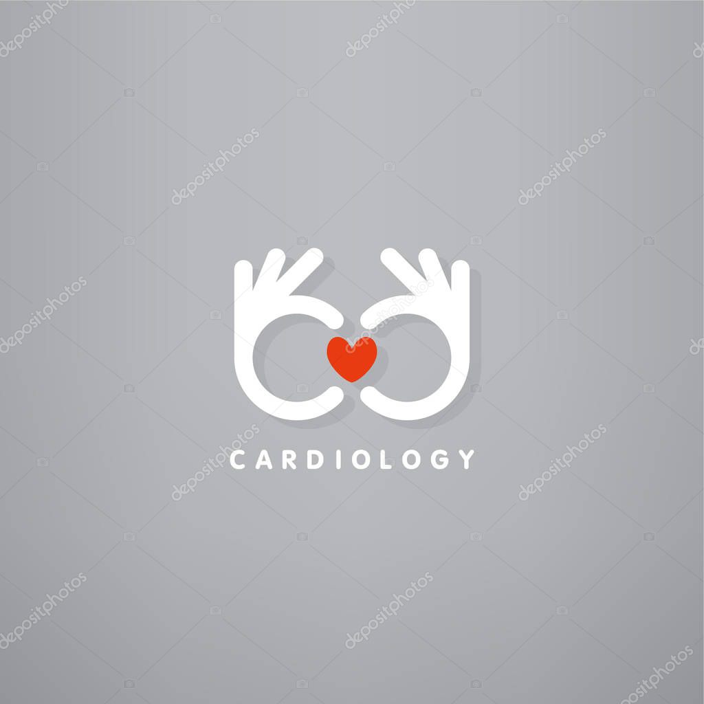 Hand symbol with heart shape Cardiology health medical clinic logo.