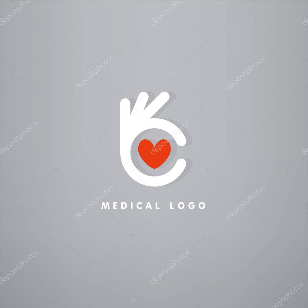 Hand symbol with heart shape Cardiology health medical clinic logo.