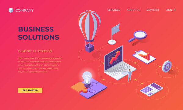 Website landing page, promotion poster, flyer or brochure concept for creative business solutions, isometric vector illustration — Stock Illustration Website Landing Page Promotion Poster Flyer Brochure Concept Creative Business — Stock Vector