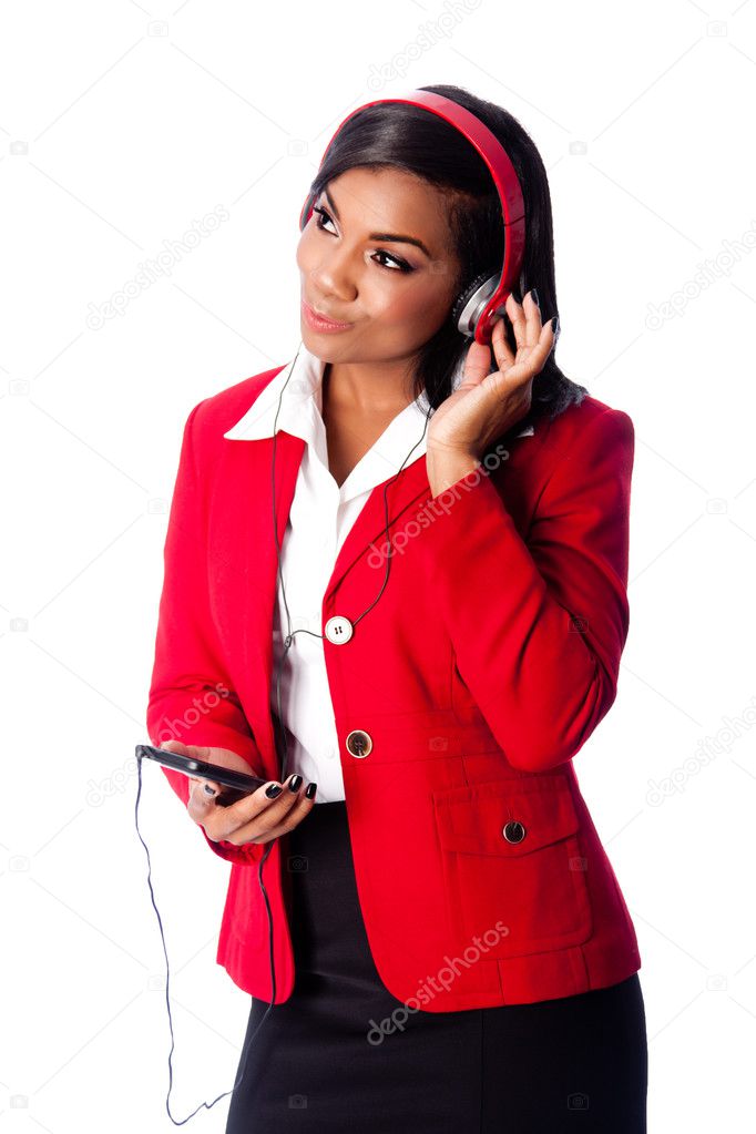 Business woman listening to music