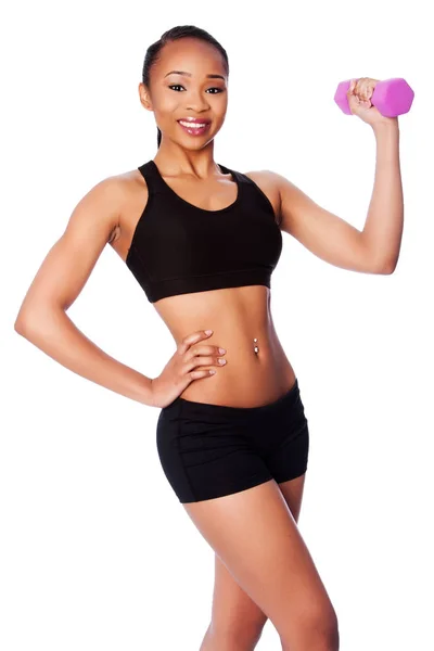 Happy healthy black asian woman with dumbbell — Stock Photo, Image