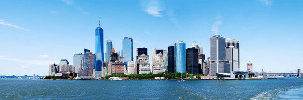 Panorama of Landmark New York City Manhattan Skyline and World Trade Center Freedom Tower.
