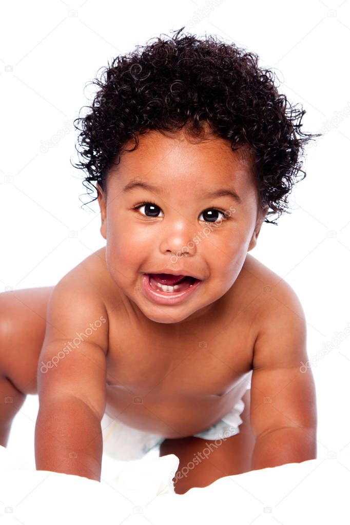 Happy smiling cute adorable baby crawling