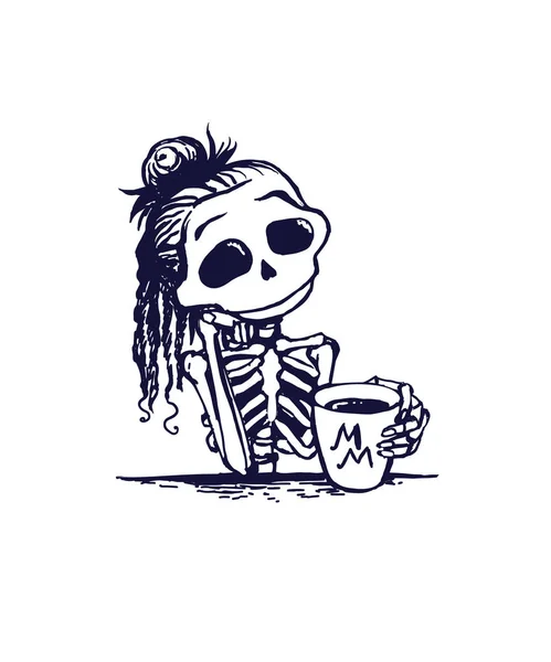 Schattig Skelet Meisje Karakter Drinkt Morgens Koffie Memento Mor — Stockvector