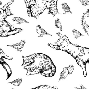 Cat and sparrows seamless background clipart