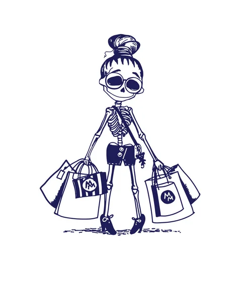 Cute skeleton girl character shopping. Memento mory — Stock Vector