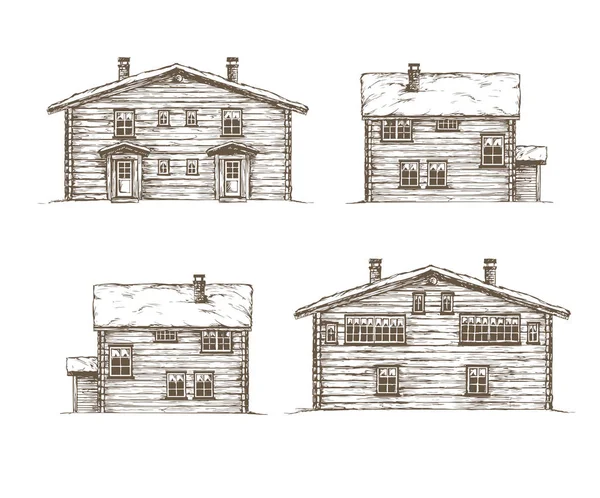 Norweski log house realistyczne ręcznie rysowane ilustracje. — Wektor stockowy