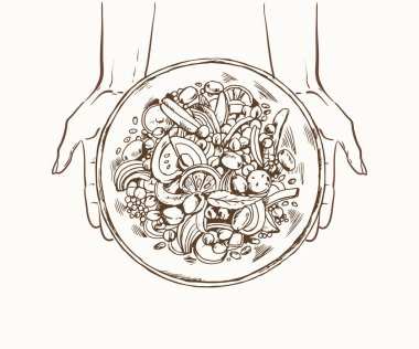 Elleri vejetaryen yemek grafiksel çizim tabağıyla