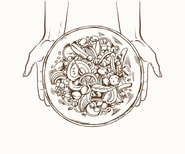 Mains Avec Plaque Illustration Vectorielle Graphique Alimentaire Végétarienne Graphismes Vectoriels