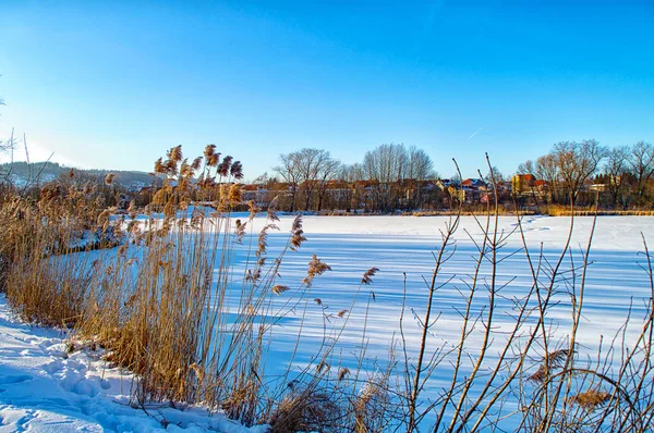 Lago congelado con nieve cubierta en Ilmenau Turingia, Alemania — Foto de Stock