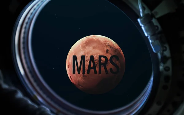 Planeta Mars w statek kosmiczny okno iluminator. Elementy tego obrazu dostarczone przez Nasa — Zdjęcie stockowe