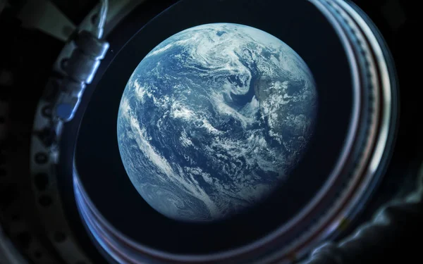 Planeta Pământ în gaura ferestrei navei spaţiale. Elemente ale acestei imagini furnizate de NASA — Fotografie, imagine de stoc