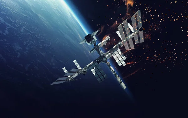 Международная космическая станция над планетой Земля. Элементы этого изображения предоставлены НАСА — стоковое фото