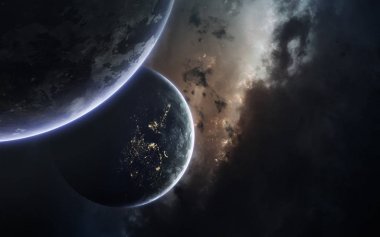 Bilim kurgu uzay duvar kağıdı, inanılmaz güzel gezegenler, galaksiler, sonsuz evrenin karanlık ve soğuk güzelliği. Bu görüntünün elementleri NASA tarafından desteklenmektedir