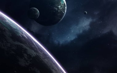 Bilim kurgu uzay duvar kağıdı, inanılmaz güzel gezegenler, galaksiler, sonsuz evrenin karanlık ve soğuk güzelliği. Bu görüntünün elementleri NASA tarafından desteklenmektedir