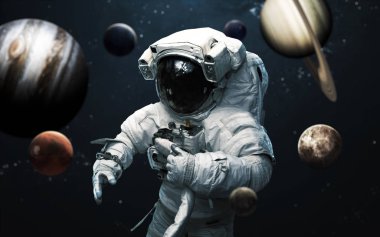 Astronot ve Güneş Sistemi 'nin tüm gezegenleri. Bilim kurgu sanatı. 