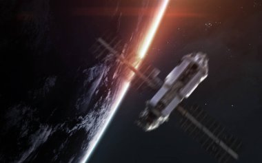 Dünya Gezegeni 'nin önündeki uzay aracı. Uydu. Bilim kurgu