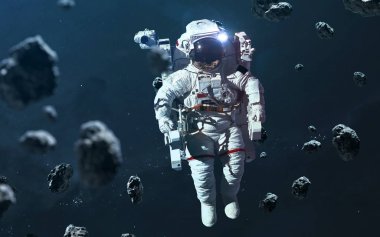 Astronot asteroit alanında. Bilim kurgu duvar kağıdı. Elementler