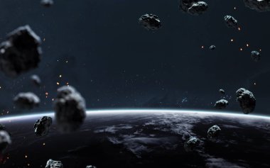 Asteroit alanı olan uzay arkaplanı Dünya, bilim kurgu görüntüsü