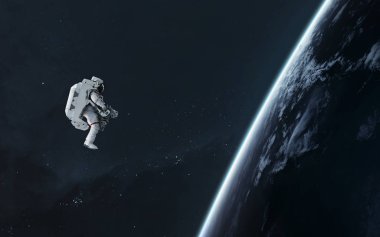 Dünya 'nın yörüngesindeki astronot Eva, bilim kurgu görüntüsü. Ele