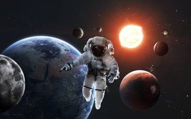 Çok detaylı bir güneş sistemi görselleştirme ve astronot. Elemen