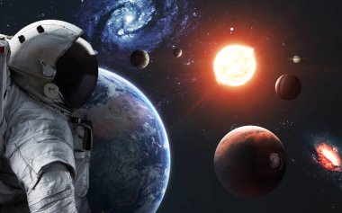 Çok detaylı bir güneş sistemi görselleştirme ve astronot. Elemen