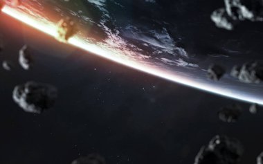 Dünya gezegeninin yörüngesindeki uzay istasyonundan gün doğumu. Ögeler o