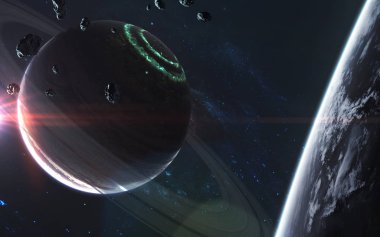 Derin uzay fantastik gezegenleri, bilim kurgu evrenleri. Ögeler o