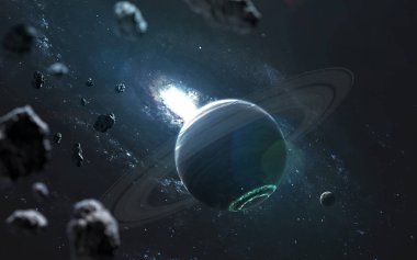 Derin uzay fantastik gezegenler, galaksi, yıldızlar. Bu İm ögeleri