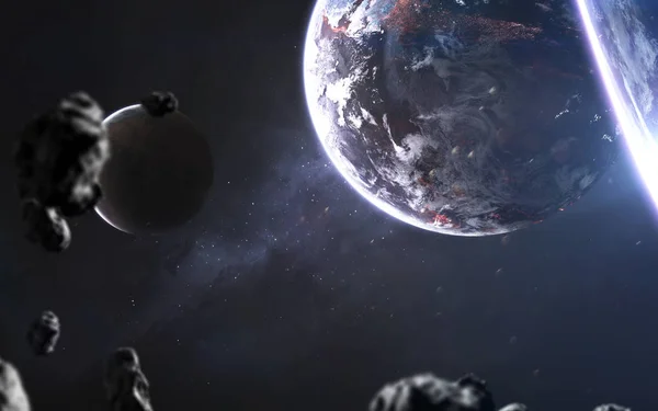 Kallblå planeter, fantastisk science fiction tapet, kosmisk lan — Stockfoto