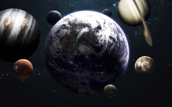 Pianeta Terra e tutti i pianeti del sistema solare. Fantascienza ar — Foto Stock