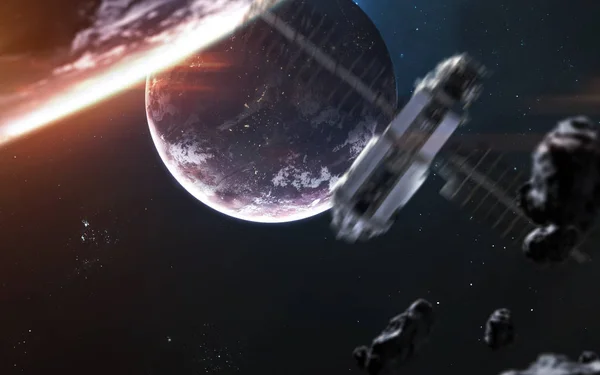 Глибокі космічні планети і космічний корабель, дивовижна наукова фантастика — стокове фото