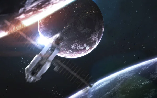 Deep Space planeetat ja avaruusalus, mahtava science fiction wallp — kuvapankkivalokuva