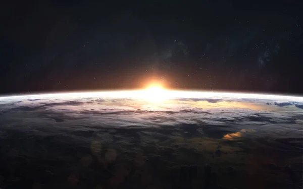 Earth planet sunrise close up orbit shot. Elements of this image — Stock Photo, Image