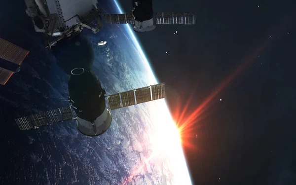 Estação espacial ISS andando em órbita do planeta Erarth. Elementos disto — Fotografia de Stock