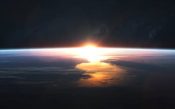 Kijk naar de zonsopgang vanaf de baan van de Aarde planeet. Elementen van dit besluit — Stockfoto