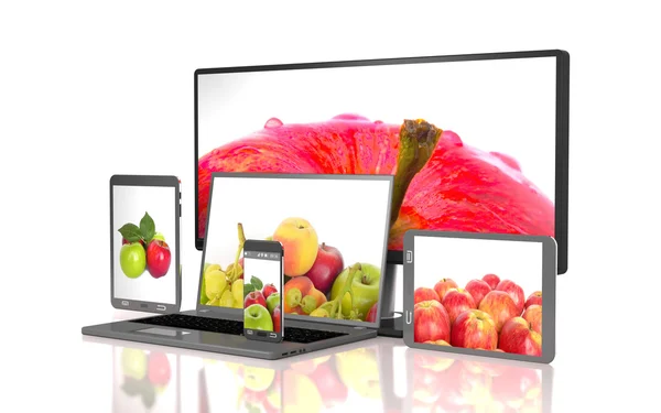 Ensemble de pommes sur l'écran des gadgets informatiques (illustration 3d — Photo