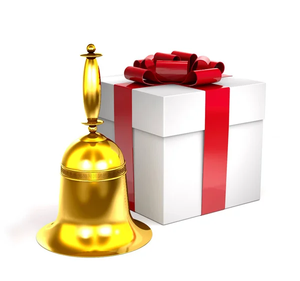 Gouden bell en geschenk doos met rode buigen (3d illustratie). — Stockfoto