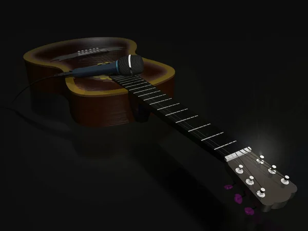 Акустическая гитара и микрофон на темном фоне (3D иллюстрация) — стоковое фото