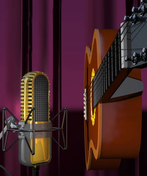 Акустическая гитара и микрофон на фиолетовом фоне (3d illust — стоковое фото