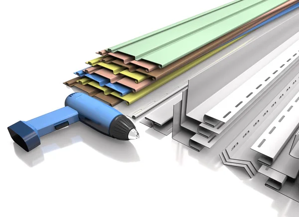 Panel siding, plastic profiles and electric screwdriver (3d illu