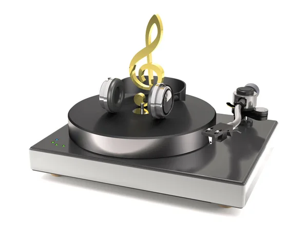 Vinyl gramofon s zlaté houslový klíč a sluchátka (3d illustr — Stock fotografie