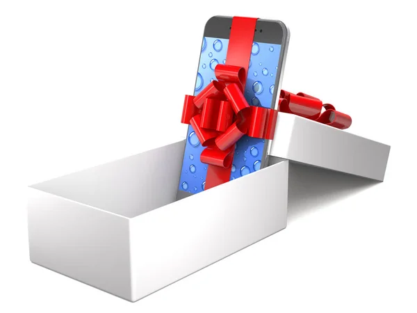 Cadeau mobiele telefoon met lint in vak (3d illustratie). — Stockfoto