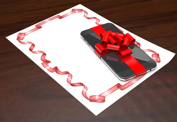Gift mobile phone on paper with ribbon (3d illustration). — Stock Photo, Image