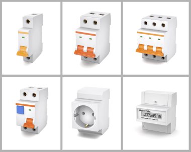 Otomatik elektrik bileşenleri kümesi (3d çizim).