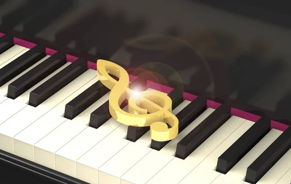 Zářící zlatou houslový klíč na klavír klávesnice (3d illustratio — Stock fotografie