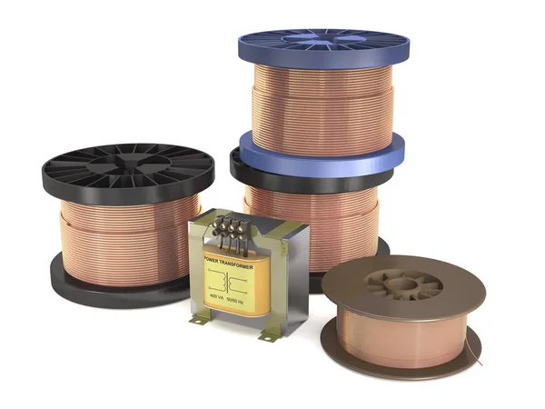 Transformador e bobinas com fio de cobre (ilustração 3d ). — Fotografia de Stock