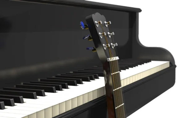 Акустическая гитара и классическое рояль (3d иллюстрация ). — стоковое фото