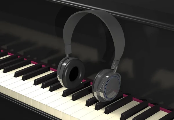 Modern fülhallgatókkal zongora billentyűzet (3D-s illusztráció). — Stock Fotó