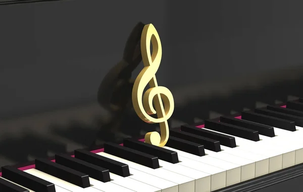 Golden treble clef on the piano keyboard (3d illustration). — Stock Photo, Image